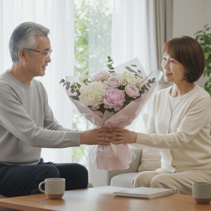還暦祝い・お誕生日・敬老の日 花束を持つお父さんとお母さん